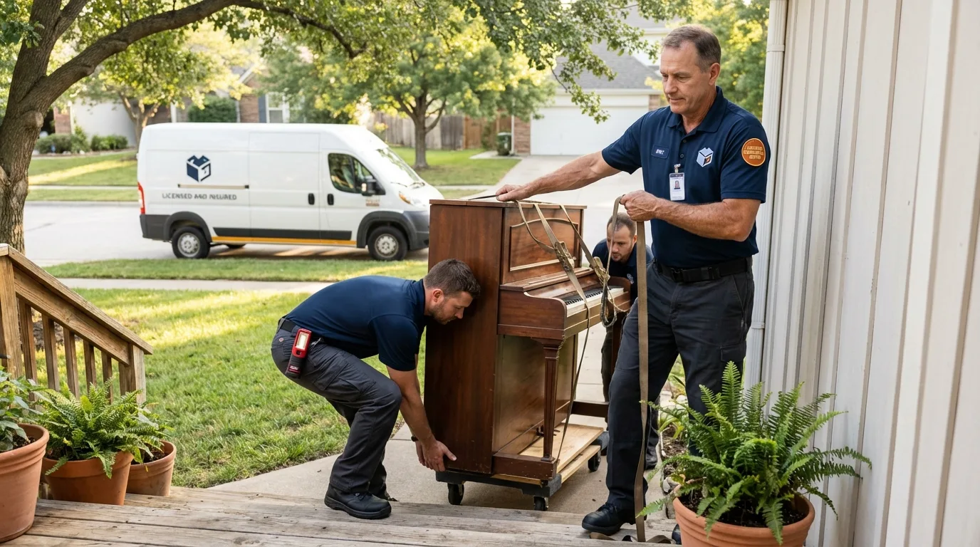 Licensed piano movers securing grand piano in Central City, KY