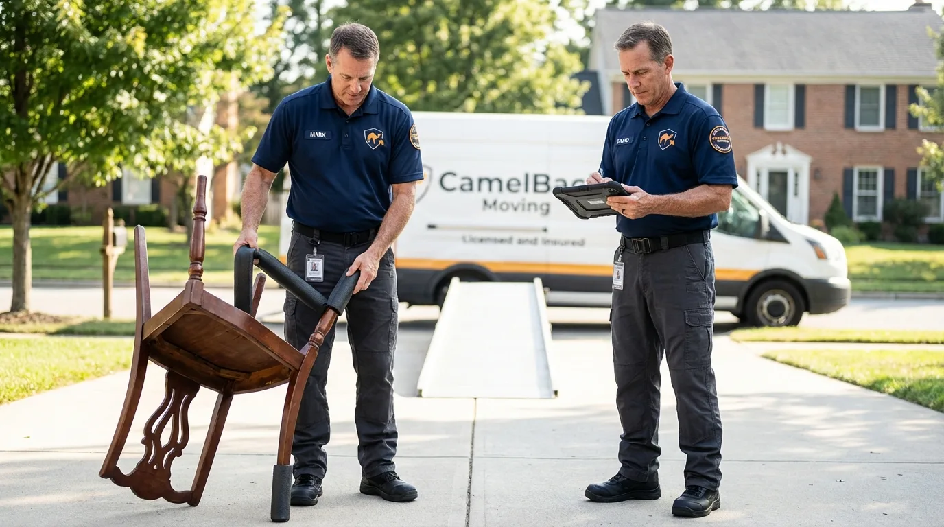 Movers inspecting furniture for damage prevention before loading in Central City, KY