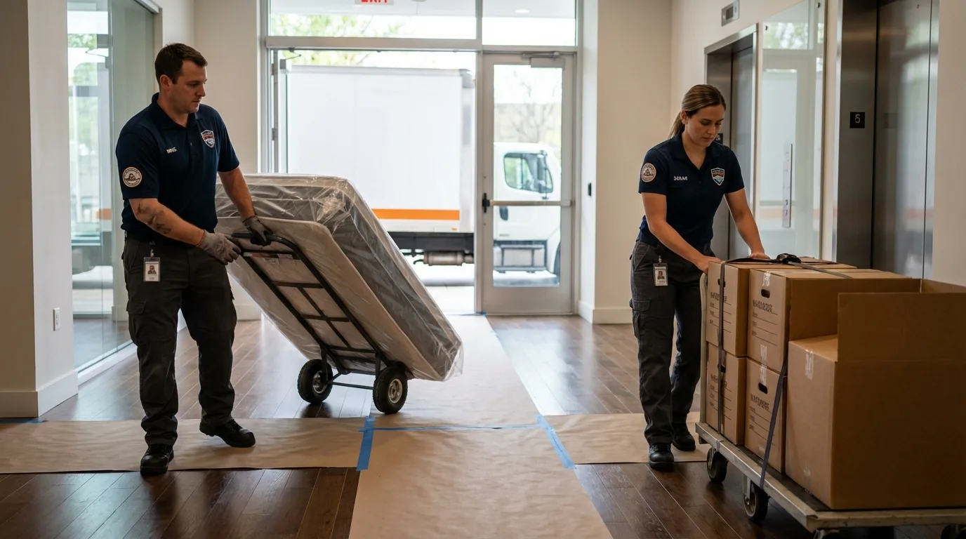 Professional apartment movers loading elevator in Central City, KY