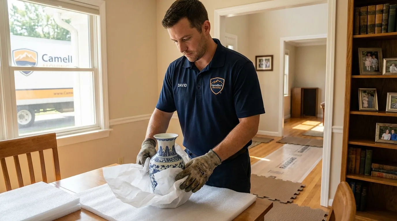 Professional crew carefully wrapping antique vase for senior downsizing move in Central City, KY